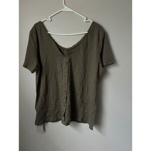 Emery Rose Button Front Lace Trim V Neck Tunic Top Olive Green XL Western Boho